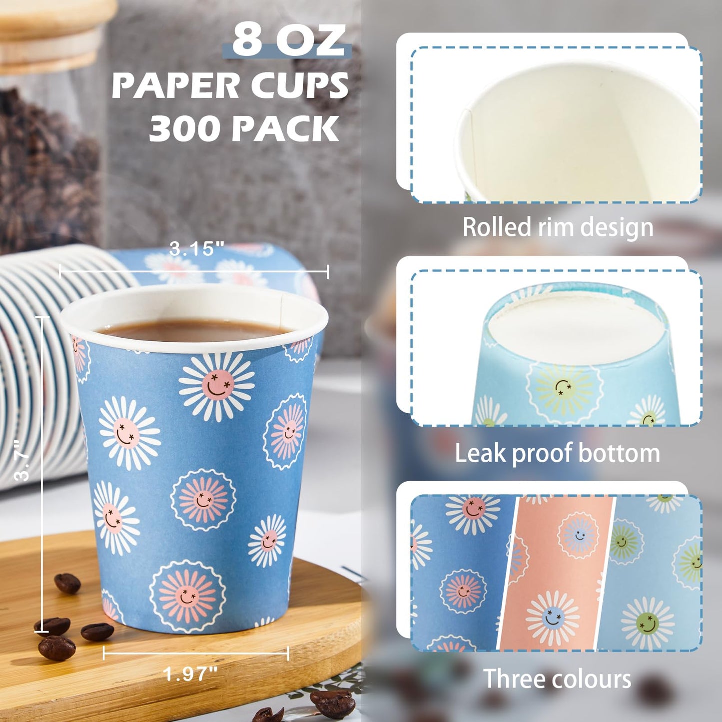 SIUQ 300 Pack Paper Cups 8 oz, Disposable Coffee Cups, Paper Coffee Cups 8 oz, Colourful Hot/Cold Beverage Drinking Cup for Water Juice or Tea, Office Party Home Travel - Daisy