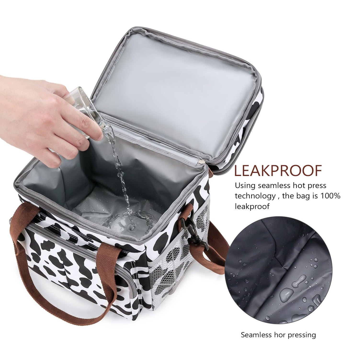 MEYTEILAY Lunch Bag for Women Men Expandable Double Deck Lunch Box Large Lunch Bags Leakproof Insulated Reusable Lunch Cooler Bag（Cow Print）