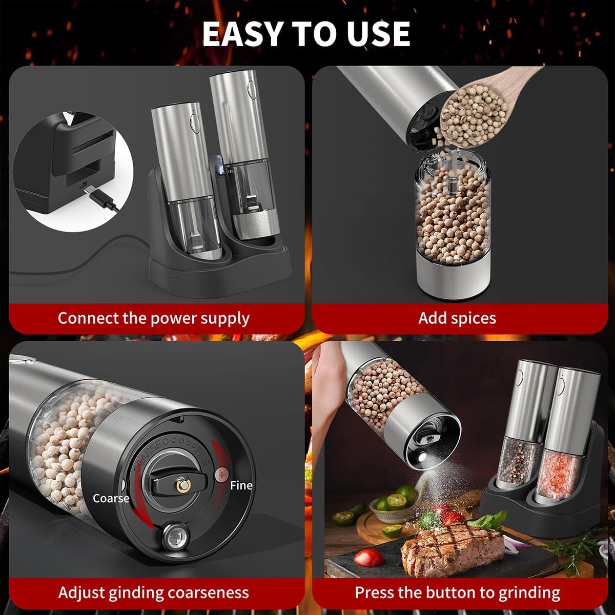 Skiennix Electric Salt and Pepper Grinder Set - Rechargeable Stainless Steel Mills with LED Light & Adjustable Coarseness