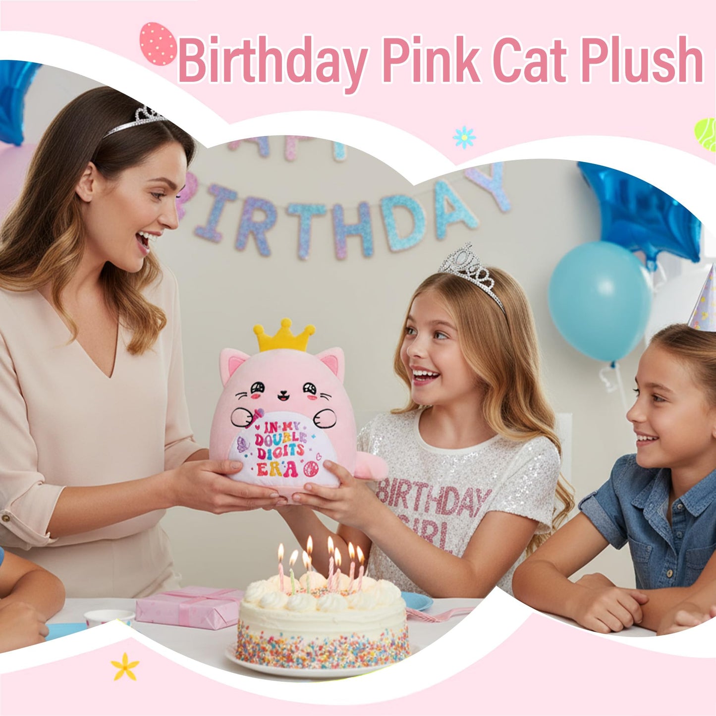 NIUBEHOHO 10th Birthday Gifts Cat Plush – Pink Cat Stuffed Animal with Crown for Girl Birthday Party Decoration 10 Years Old Girls in My Double Digits Era Themed 10 Inch