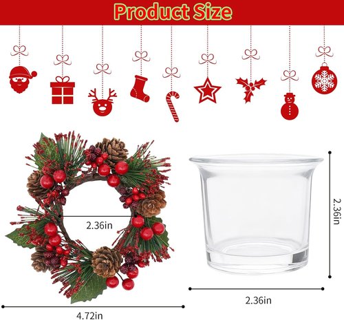 GN11848-6 Candle Rings Set of 6 | Christmas Wreaths with Red Berries & Pinecones for Festive Decor