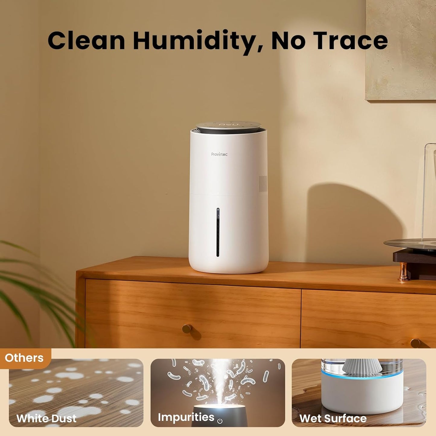 Provirtec MistFree Evaporative Humidifier - 3L Auto Humidity Control | No White Dust & Easy Clean Tank for Bedroom