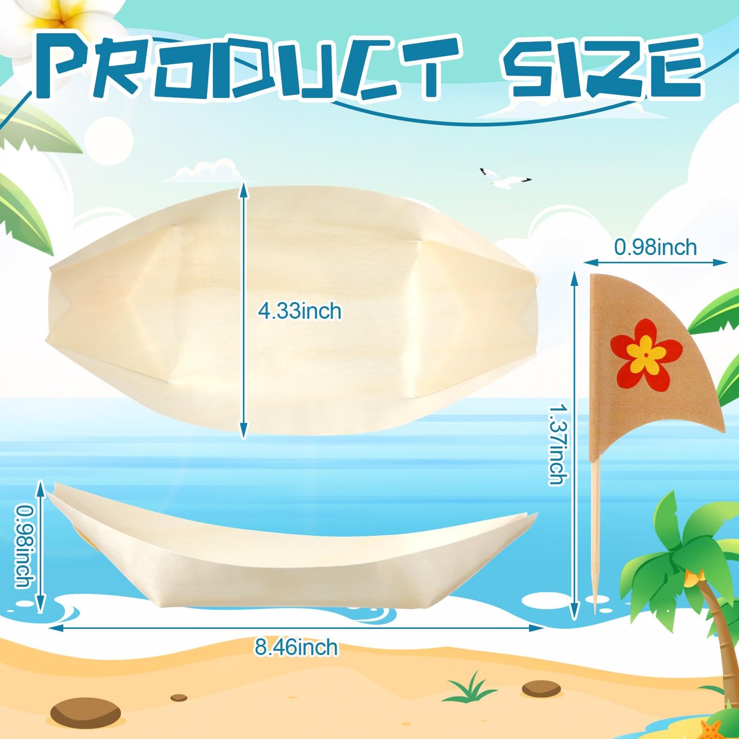 Nuogo 50 Pack 8 Inch Disposable Bamboo Boat Plates with Flower Flag Cake Topper Wooden Charcuterie Trays Serving Plates for Summer Birthday Party Decorations Tropical Hawaiian Favor Supplies