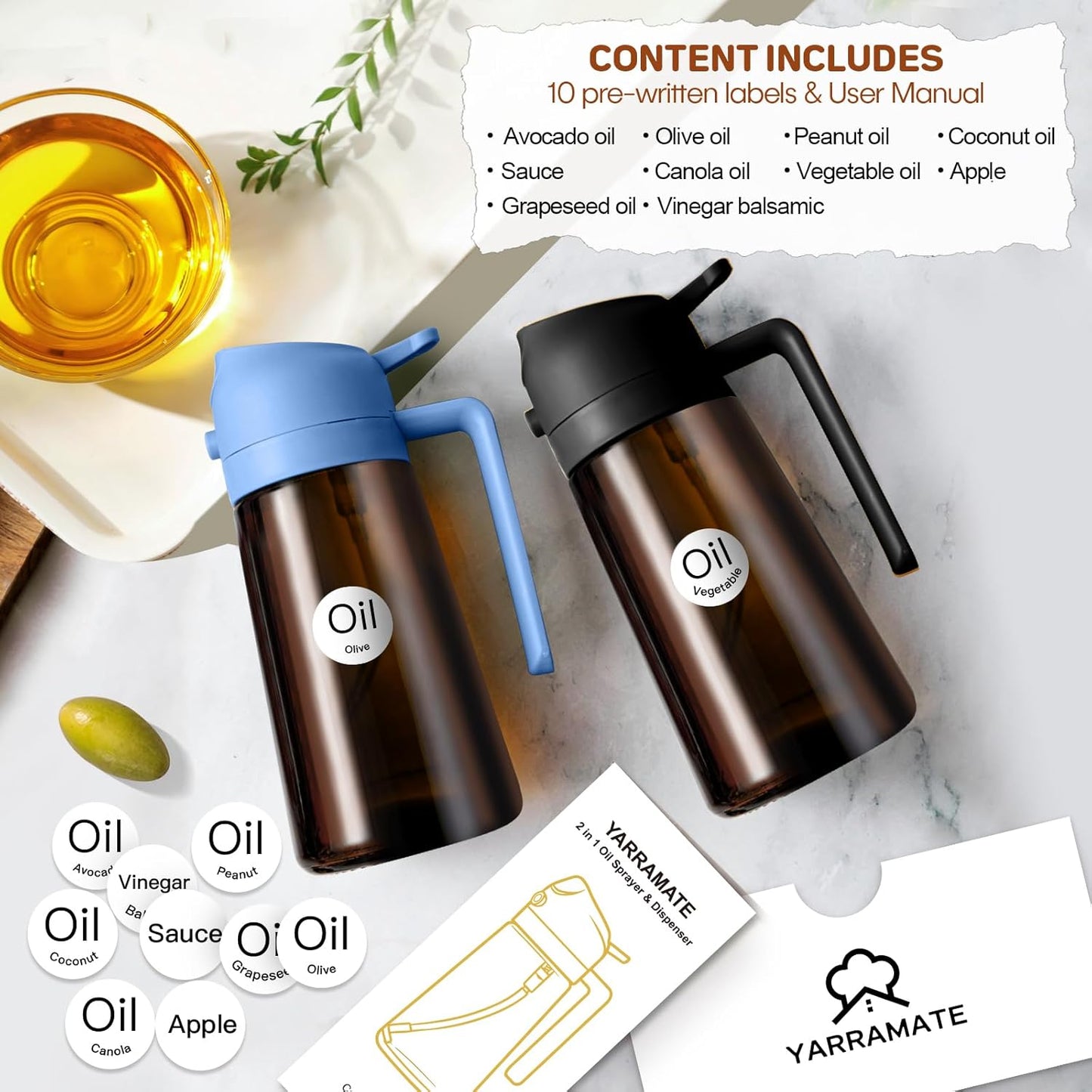 YARRAMATE 16oz Dark Brown Oil Sprayer - Food-Grade 2-in-1 Olive Oil Dispenser for Cooking & BBQ