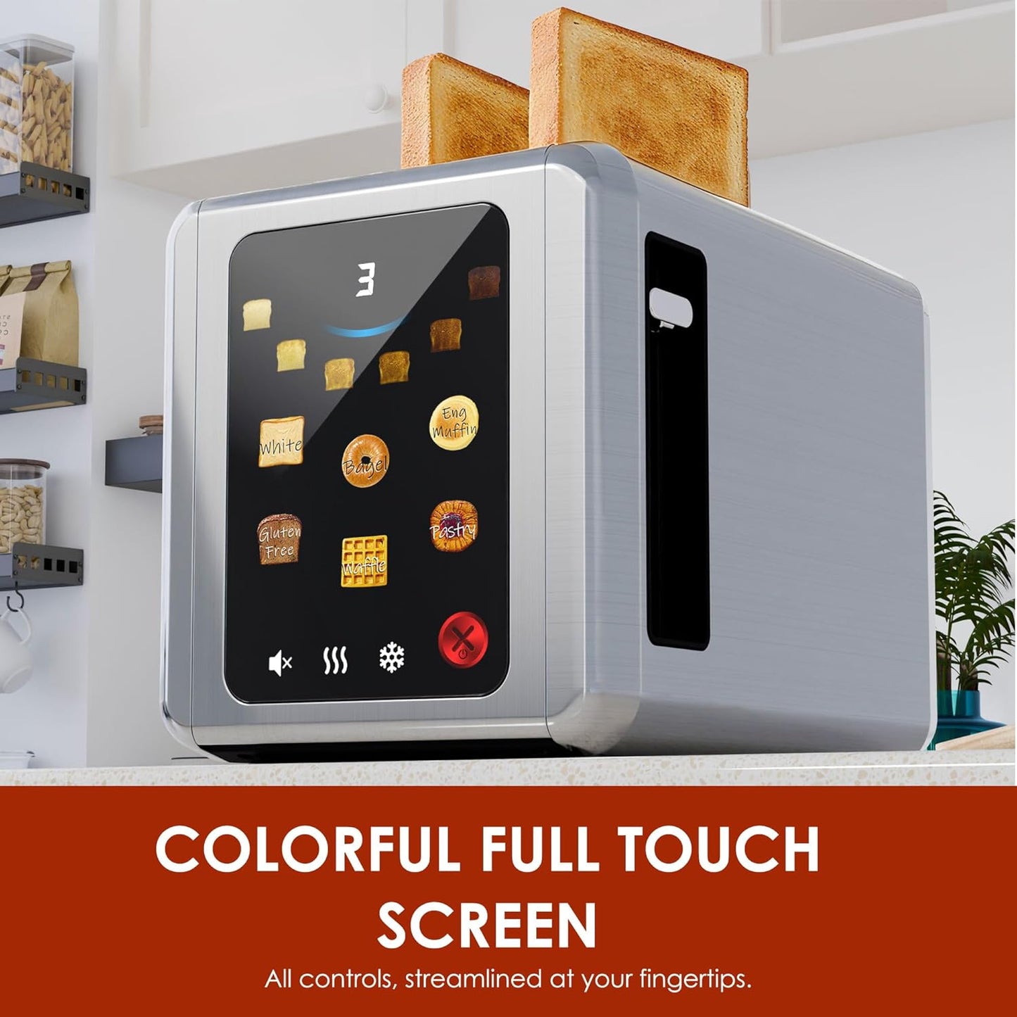 WHALL 2-Slice Stainless Steel Toaster - Full Touch Screen, Digital Timer, 6 Bread Types & Shade Settings, Silver