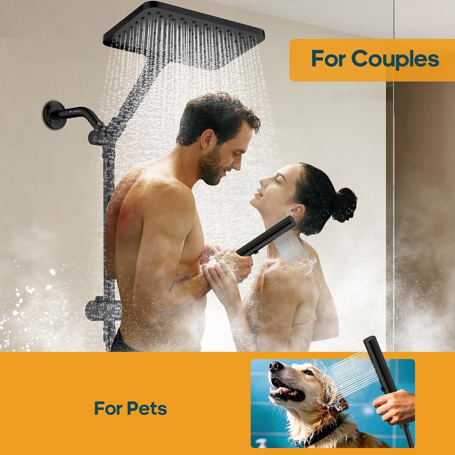 Skiennix High Pressure Rain Shower Head - 10 Inch Square Rainfall Combo with Handheld, 3 Spray Modes, Matte Black