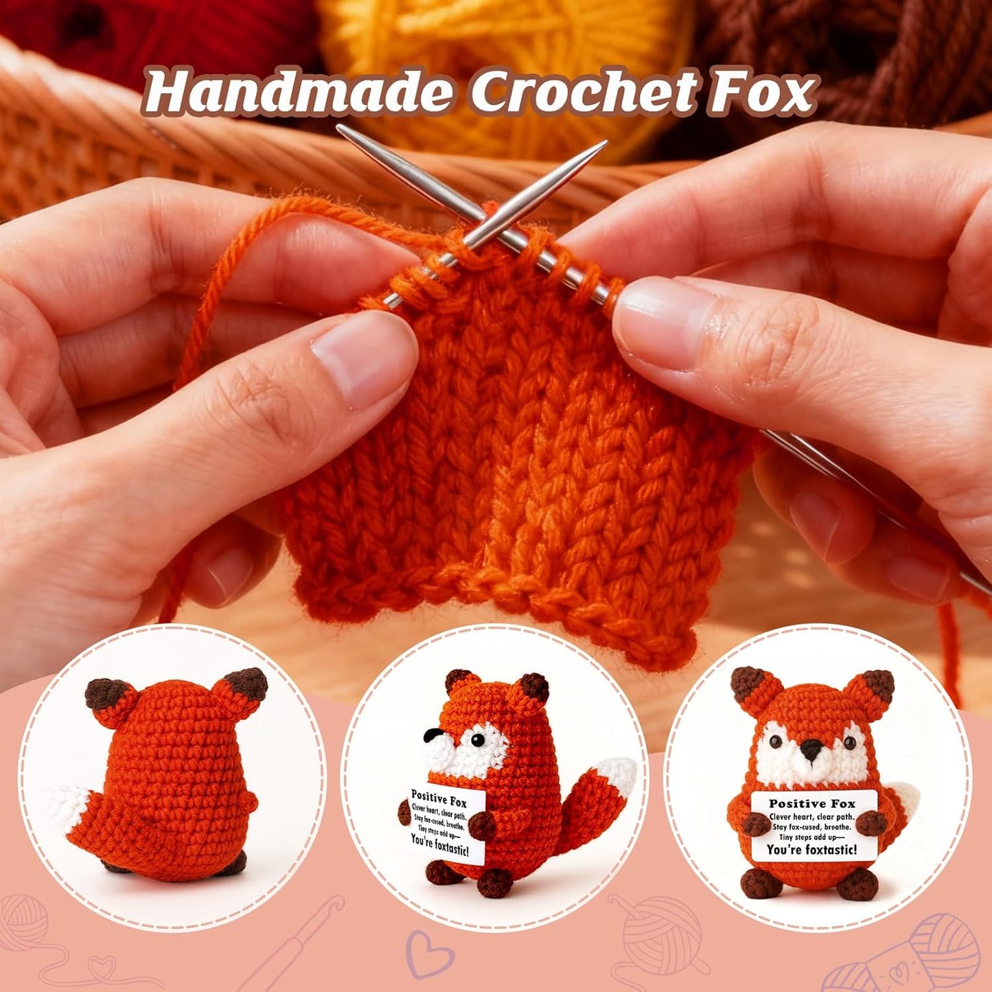 Positive Focus Mini Crochet Fox Plush - Kawaii Desk Decor & Motivational Gift for Year-Round Celebrations