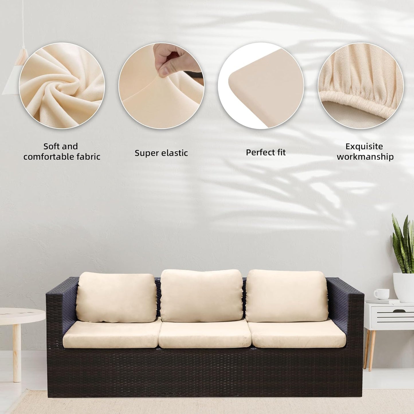 BIETYONE 8Pcs Stretch Velvet Patio Cushion Covers - Fluffy, Washable Slipcovers for Outdoor & Indoor Use | Beige