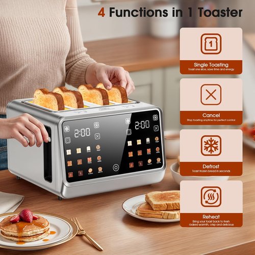 4 Slice Toaster - Dual Digital Touchscreen with Independent Control | 1800W Stainless Steel, Timer & 6 Toast Settings