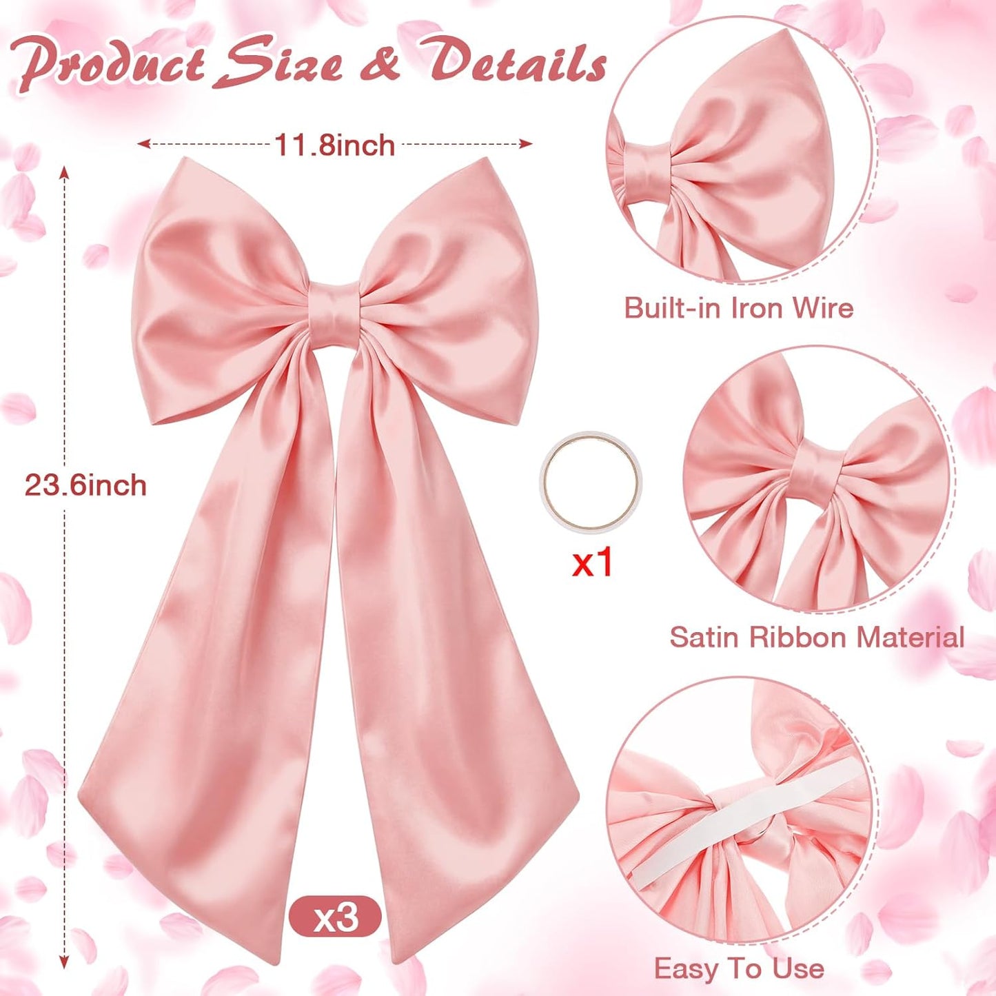 Suncalla Large Pink Satin Bow Decorations - 3 Pcs 2 ft Hanging Wall Decor for Weddings & Parties