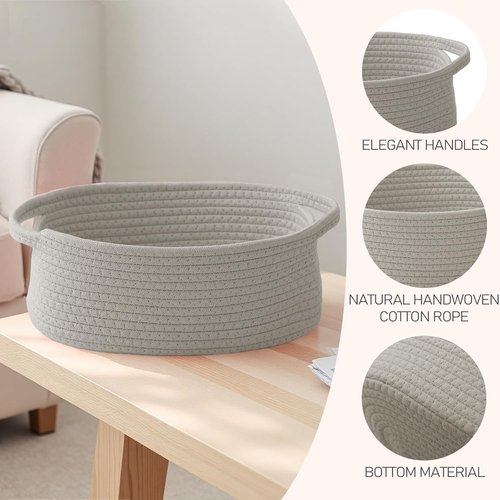 JMvicyroam Woven Basket - Small Rope Storage Bin with Handles for Organizing Shelves & Closets - Grey