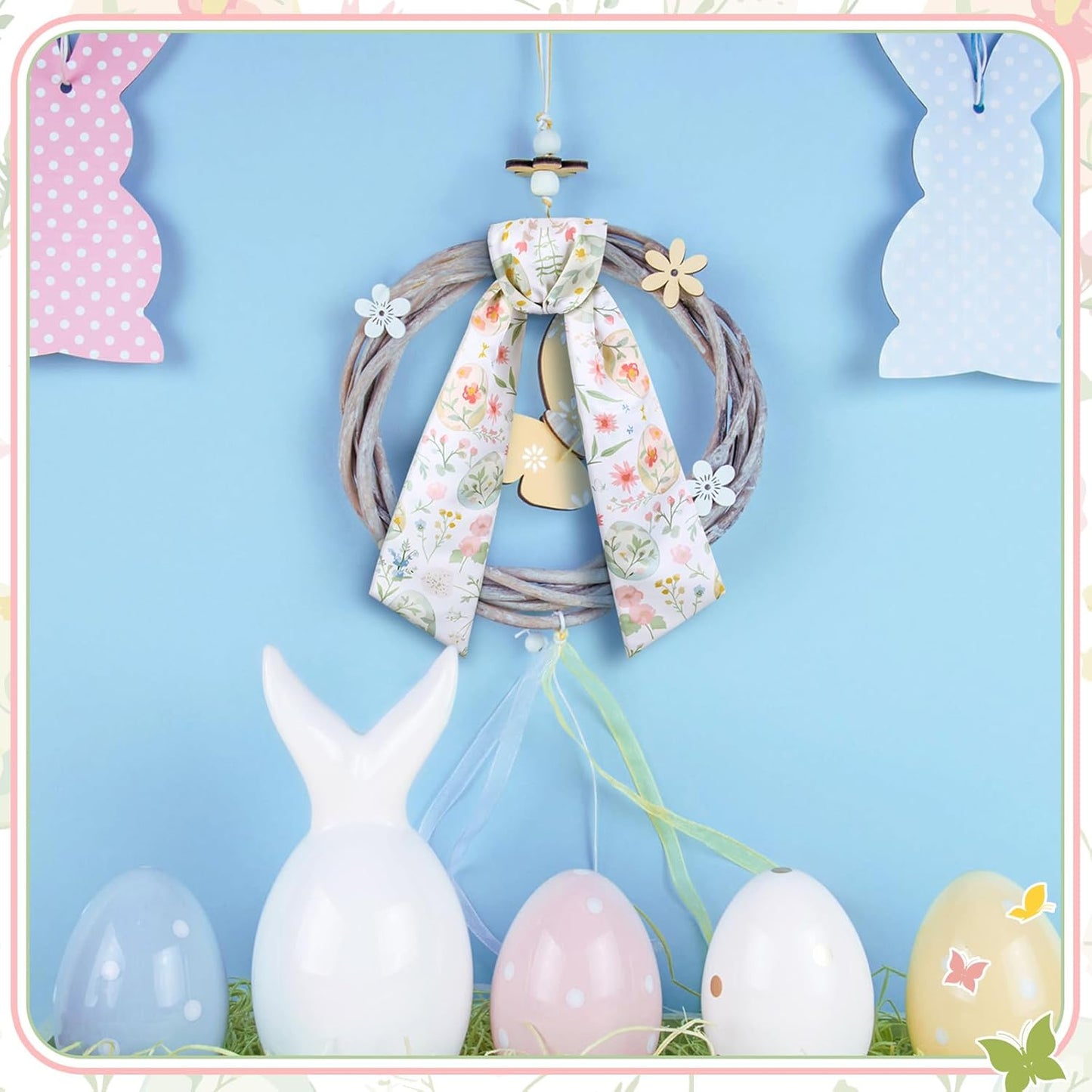 VitalCozy Easter Egg Floral Wreath Sash - Satin Monogram Garland Ribbon for Indoor/Outdoor Decor