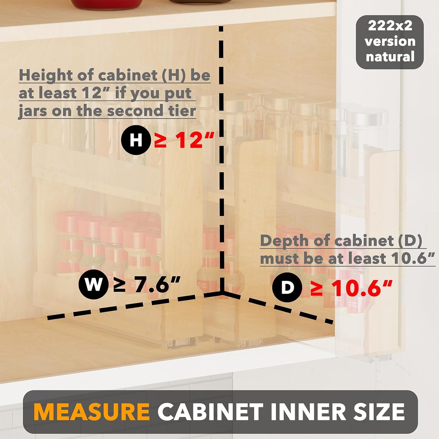 SpaceAid Bamboo Spice Rack Organizer - Heavy Duty Pull-Out Kitchen Storage, 7.6" Wide, 3 Drawers, Natural Finish