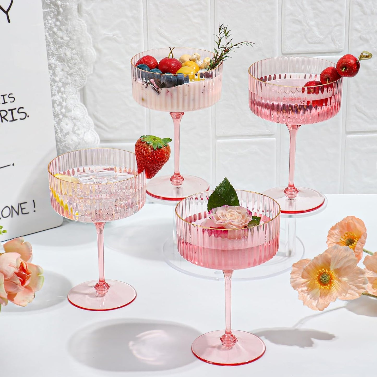 Skiennix 12 PCS Pink Ribbed Coupe Glasses - 10oz Vintage Cocktail Glassware with Gold Rim for Weddings & Parties