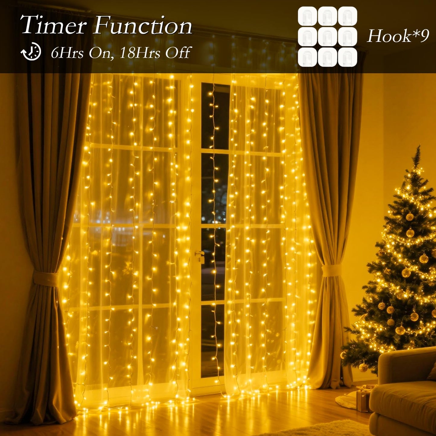 Soagrc 200 LED Curtain String Lights 9.8 * 6.6FT Plug in Fairy with Timer and 8 Modes, Waterproof Window Wall for Bedroom Wedding Party Indoor Outdoor Christmas Decor
