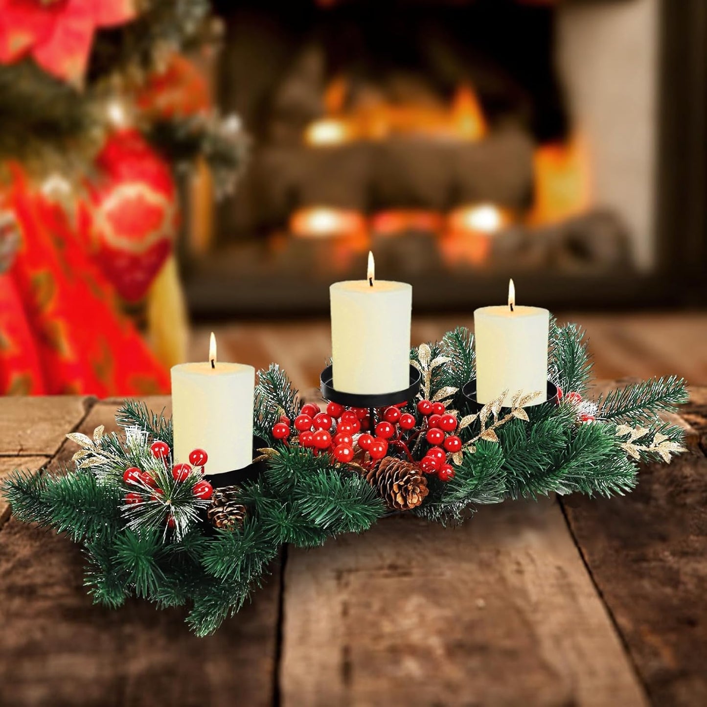 MorTime Christmas Centerpiece - 3 Candle Holders with Red Berries & Pine Cones | Indoor Table Decor
