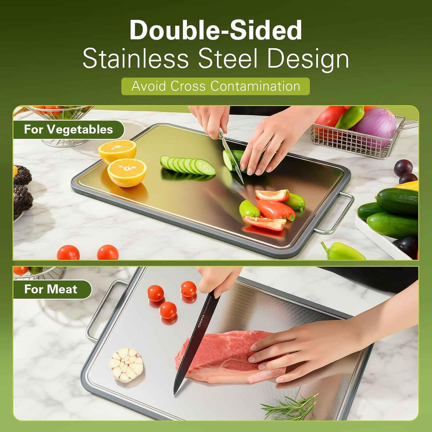 Stainless Steel Cutting Board - 16''×11'' Double-Sided 304 Steel for Meat, Veggies & Fruits