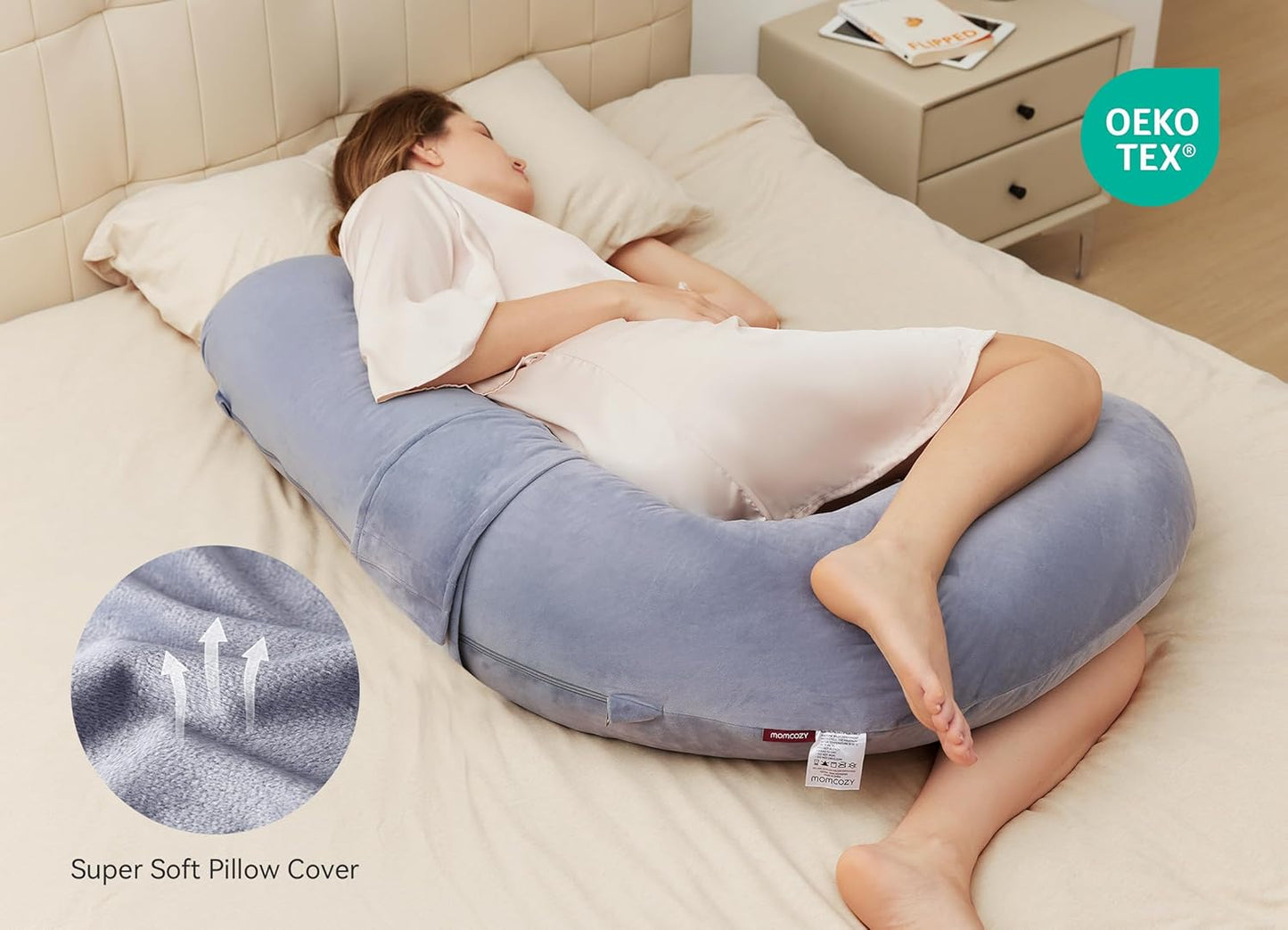 Momcozy Pregnancy Pillow - Original F Shaped Maternity Pillow with Adjustable Wedge | Full Body Support, Grey Velvet Cover