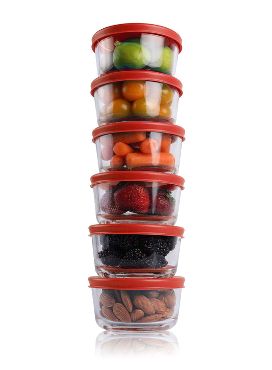 BOVADO USA 2 Cup Glass Food Storage Containers (6 Pack) | Nonpourous Dishwasher, Freezer & Oven Safe Glass, Easy-Clean | Red Lids
