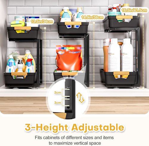 Homde Under Sink Organizer - 2-Tier Adjustable Pull-Out Drawer Set for Kitchen & Bathroom Storage