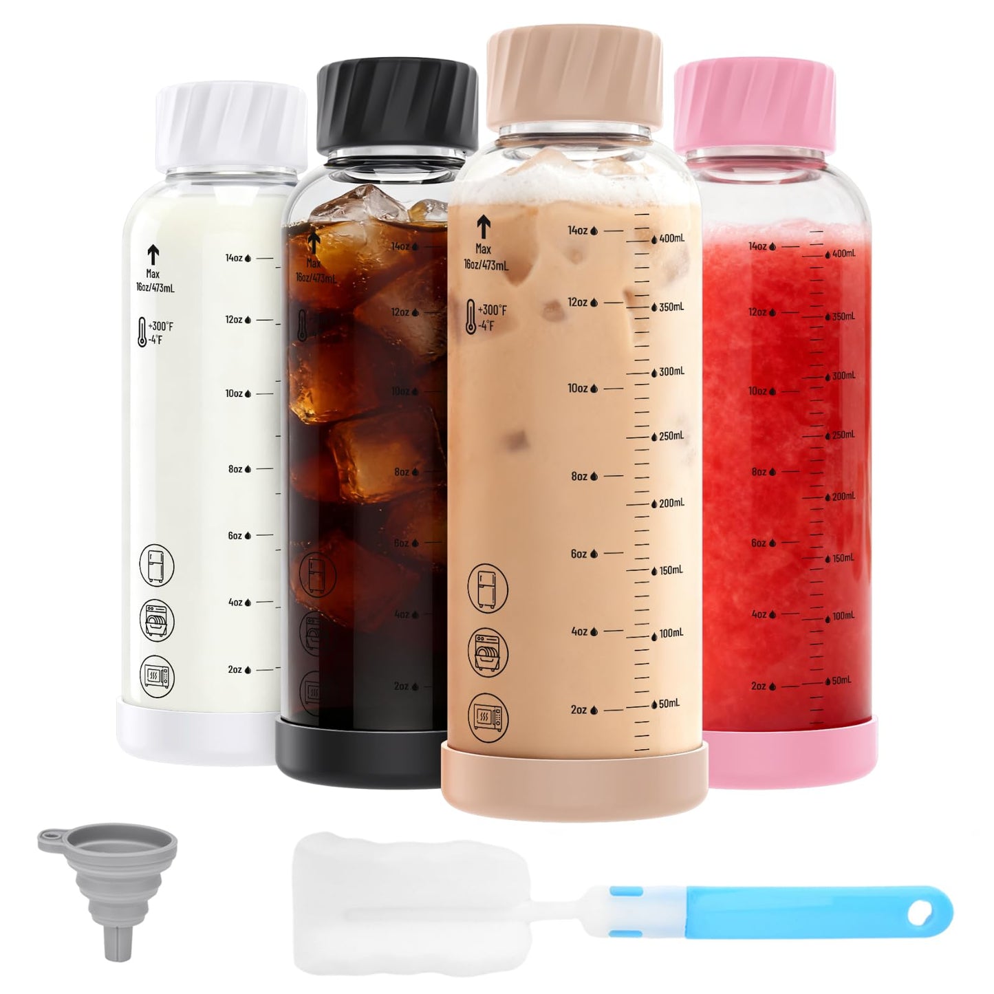 Luxfuel Glass Juice Bottles with Lids 16oz, 4 Pack – Borosilicate Glass Bottles for Juicing, Smoothies, Water & Beverage Storage, Stainless Steel Lids, Reusable, Leakproof, Heat-Resistant, BPA-Free