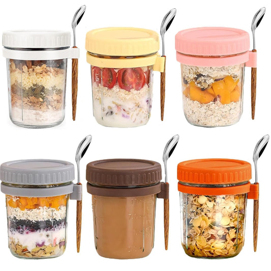 6-Pack overnight oats container, with Lids and Spoons 16 Oz Glass Mason Jars for, Large Capacity Leak Proof overnight oats jars，for Cereals, Fruits, Vegetables, Milk Salads, Yogurt.