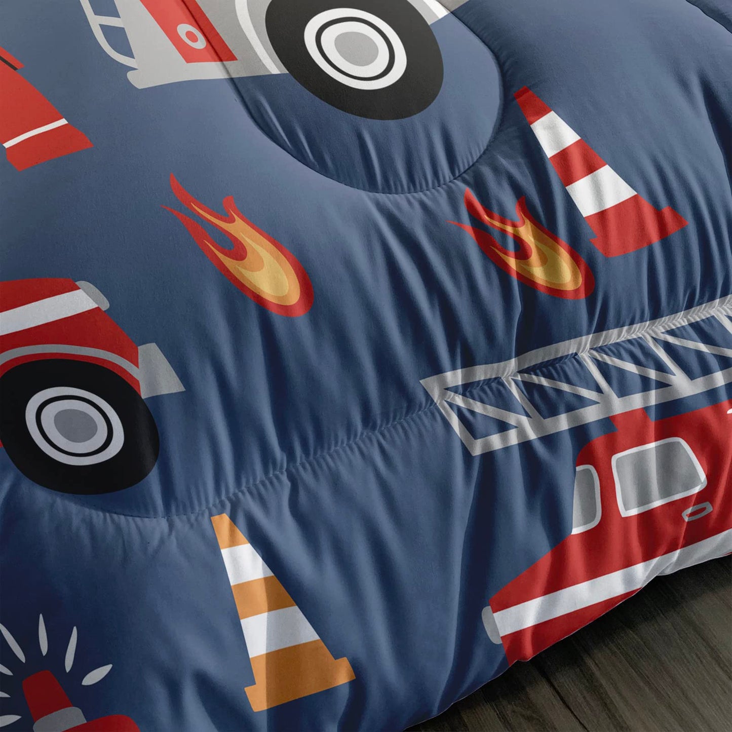 QOOMO Fire Truck Kids Comforter Set, 3Pcs Bedding Set, Full Size, Printed Comforter with 2 Pillowcases, Down Alternative, Soft and Lightweight, for All Seasons
