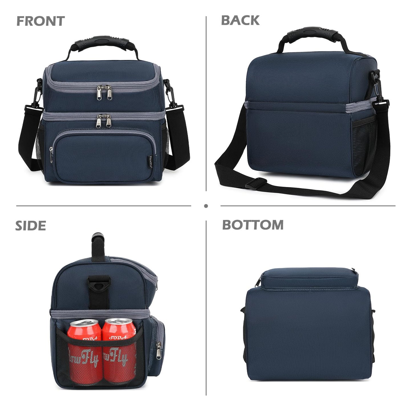 FlowFly Double Layer Cooler Insulated Lunch Bag Adult Lunch Box Large Tote Bag for Men, Women, With Adjustable Strap,Front Pocket and Dual Large Mesh Side Pockets,Cyan