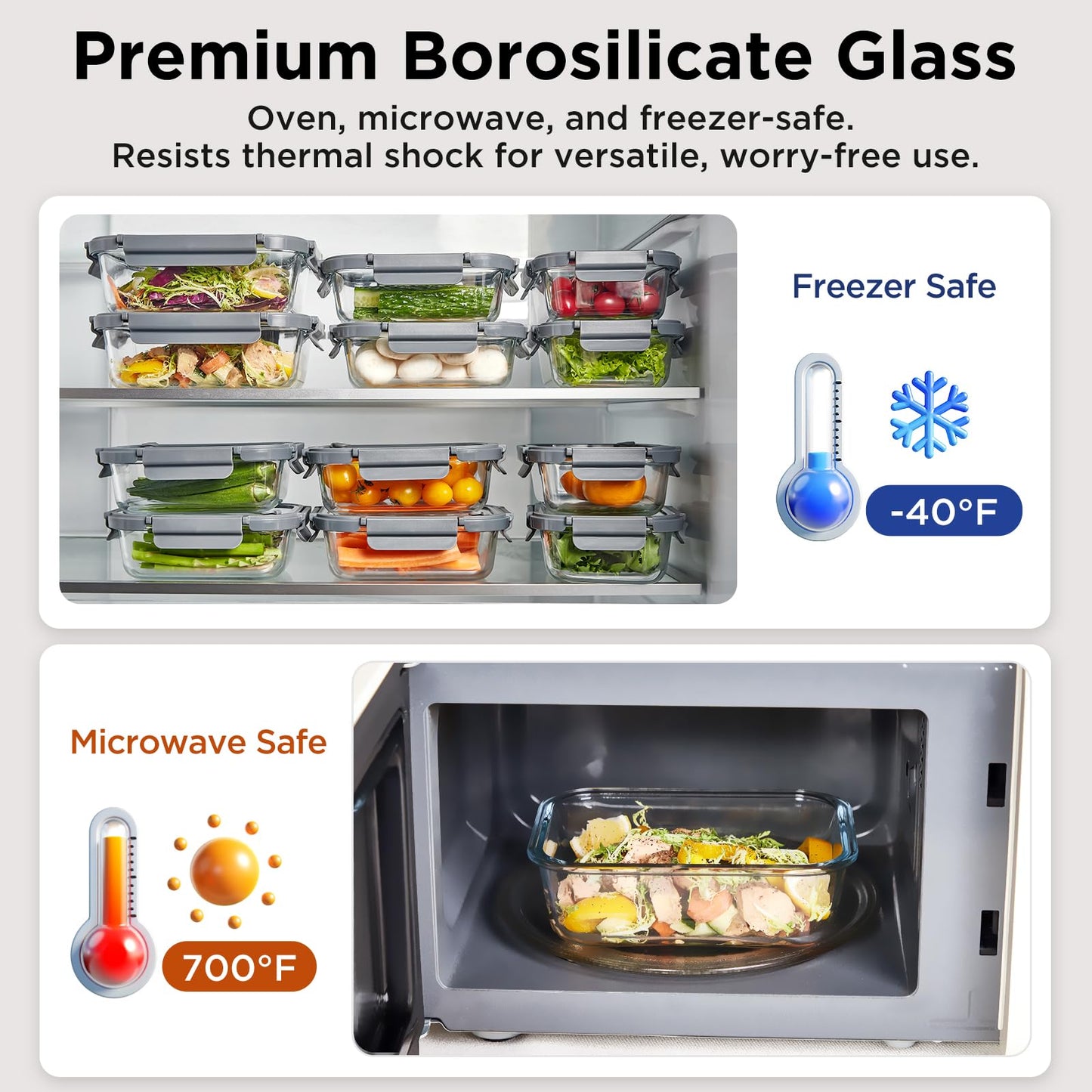 Spreccio Glass Food Storage Containers with Lids, 5 Pack of 36oz, Glass Meal Prep Container with Airtight Lids, Microwave Safe Food Container Set, BPA Free, LeakProof, Ideal for Lunch