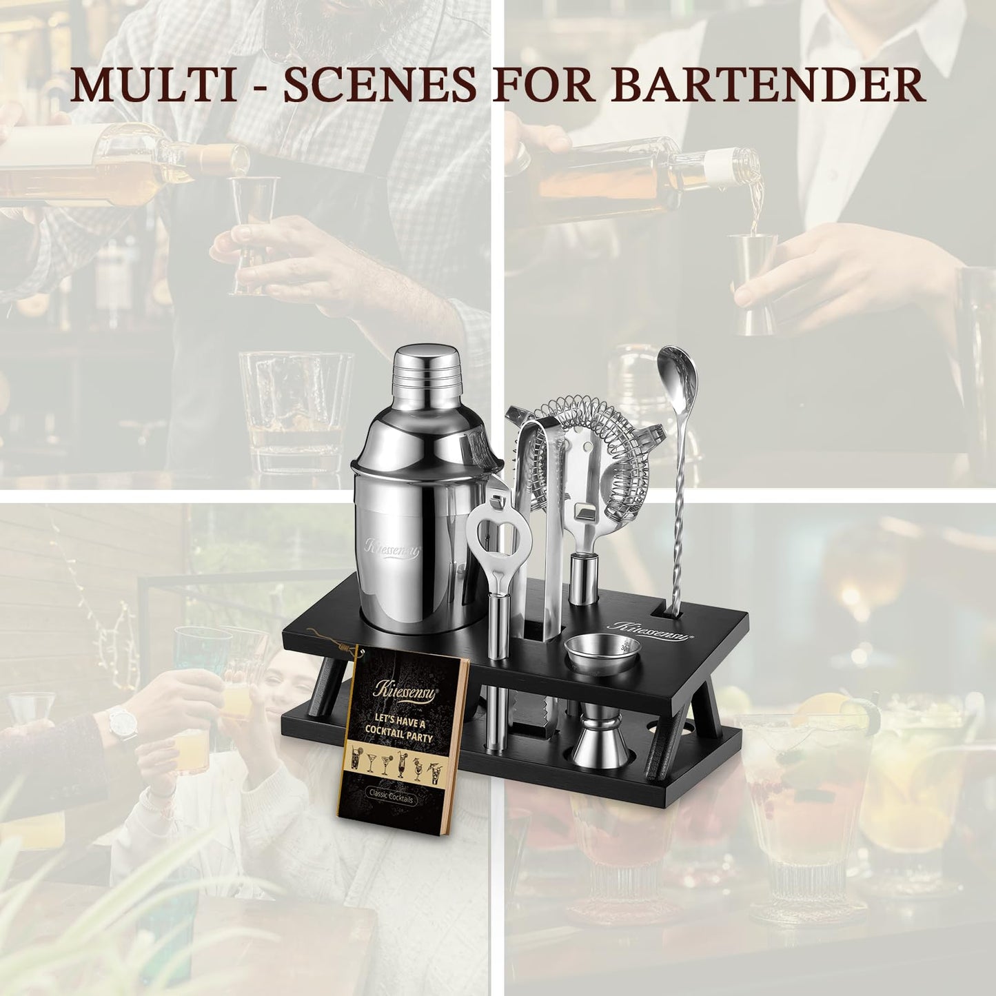KITESSENSU Cocktail Shaker Set Bartender Kit, 6-Piece Silver Bar Set with Stand, Bar kit with Essential Bar Accessory Tools: Martini Shaker, Jigger, Strainer, Bar Spoon, Tongs, Opener