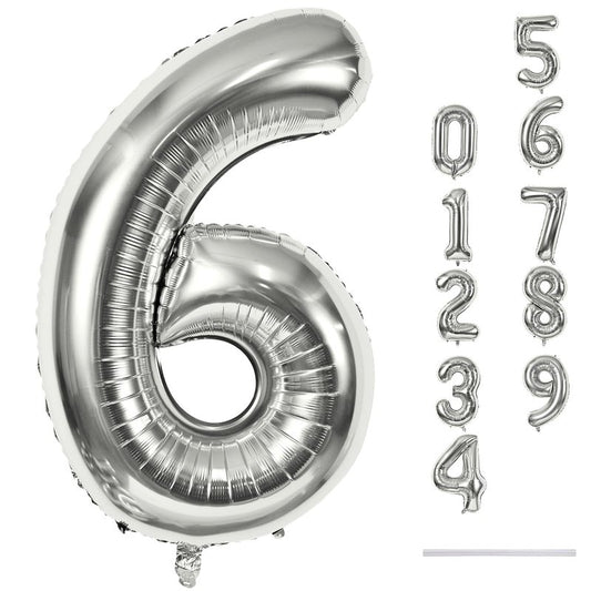 40" Silver Number 6 Balloon for Girls Boys, Large Self Inflating Helium Foil Number Balloons Set 0-9 for Women Men 6th 16th 60th Birthday Anniversary Wedding New Year Party Decorations Supplies