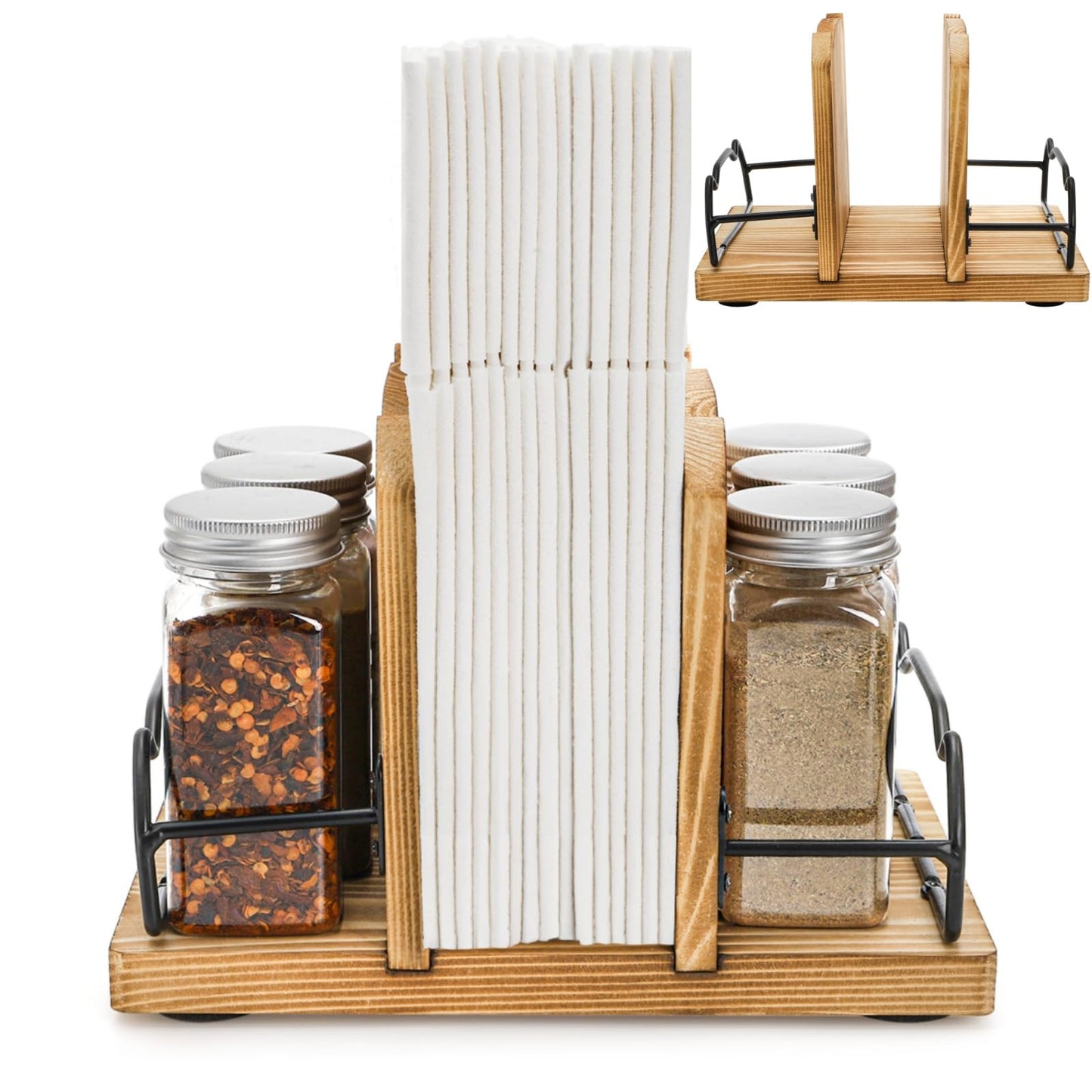 WRINGKIT Napkin Holder for Table, Rustic Napkin Dispenser with 2 Slot Salt Pepper Shakers Caddy, Wood Paper Napkin Storage Dispenser Condiment Caddy for Kitchen, Restaurant, Dining Room