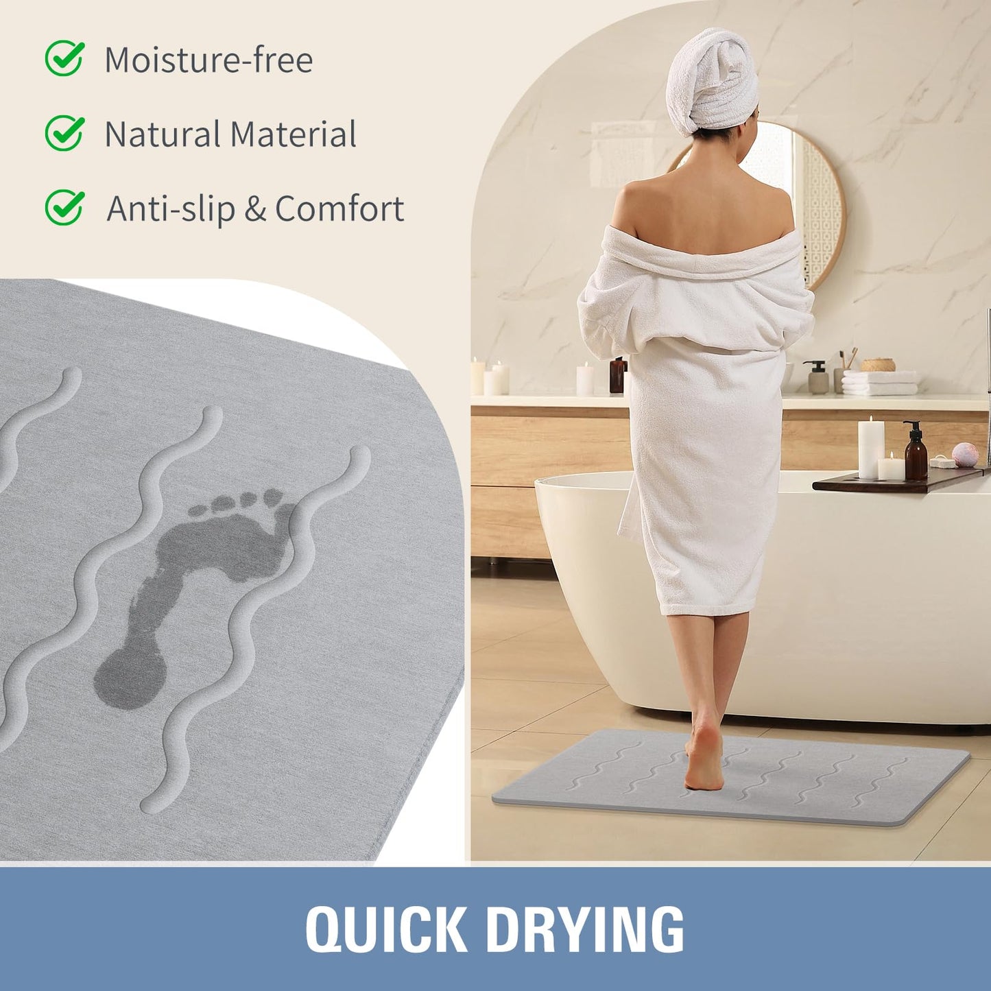 OTHWAY 32"x 20" Stone Bath Mat Large, Diatomaceous Earth Bath Mat for Bathroom Quick Drying Absorbing, Long Non-Slip Diatomite Hard Stone Shower Mat Instant Dry(Light Grey)