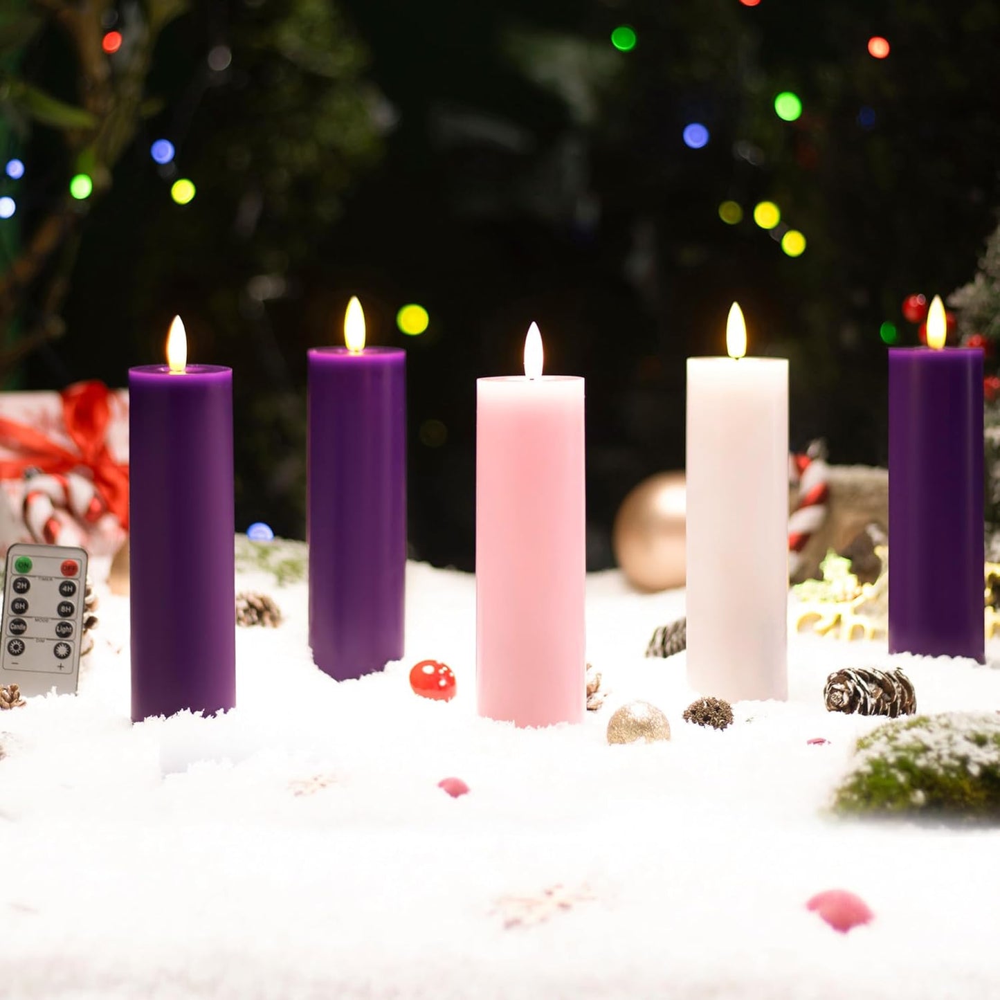 Stmarry Flameless Advent Candles Set - Battery Operated with Remote & Timer | 2x7 Pink & Purple Pillar Candles