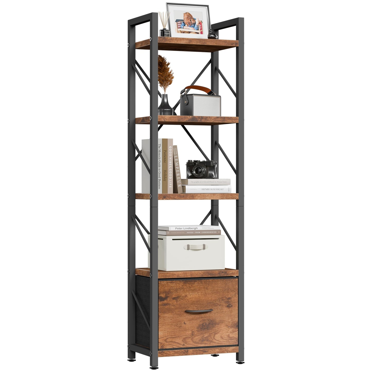 Shintenchi 5 Tier Bookshelf with Drawer, Tall Narrow Industrial Bookcase - Open Standing Shelf Unit, Freestanding Wood & Metal Display Shelves Storage Organizer for Bedroom, Living Room, Rustic Brown