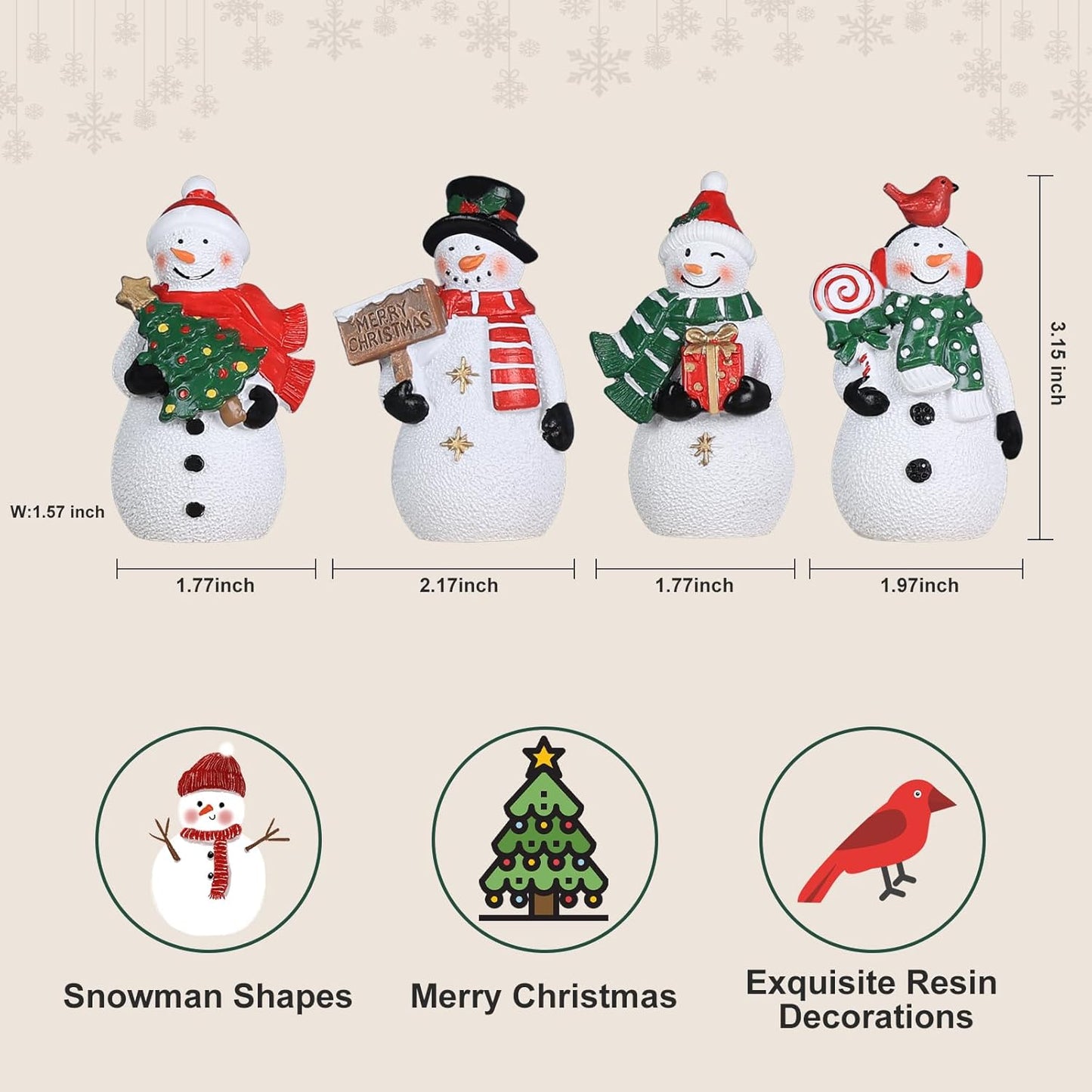 MEETYAMOR Christmas Snowman Ornaments - 4 PCS Rustic Resin Decor for Home & Table Display