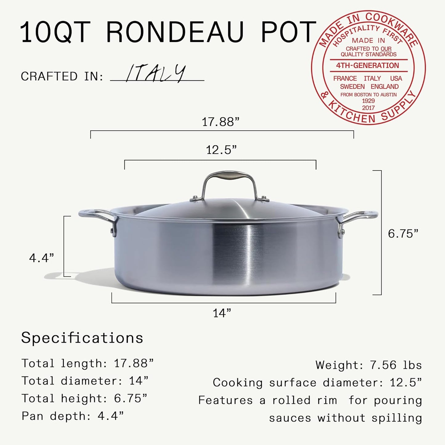 Made In Cookware | 10 Quart Stainless Steel Rondeau Pot with Lid | 5-Ply Clad Design | Induction Compatible