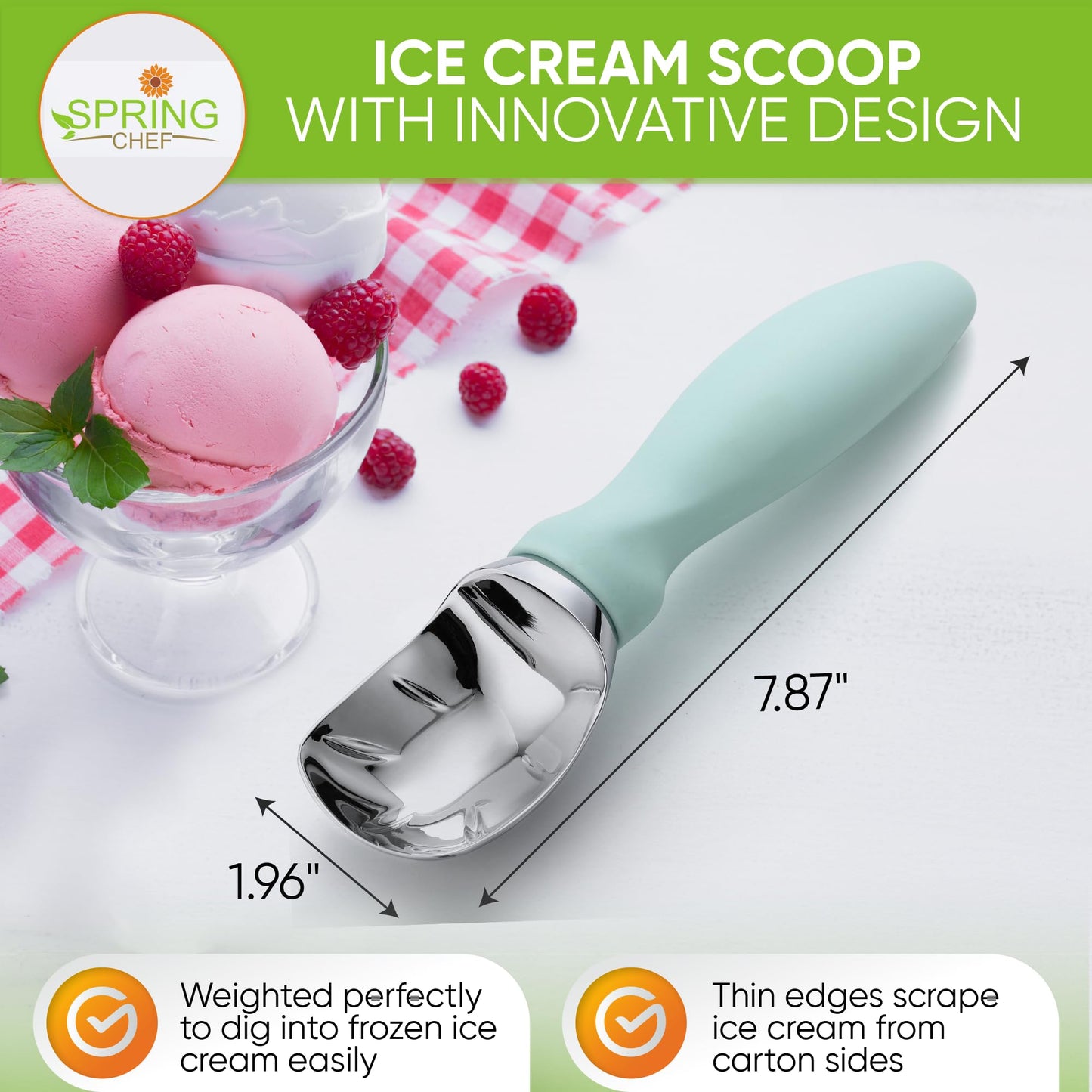 Spring Chef Heavy Duty Ice Cream Scoop with Comfortable Handle, Premium Ice Cream Scooper for Cookie Dough, Frozen Yogurt, Gelato, Sorbet, Melon - Dishwasher Safe Kitchen Tools - 2 Pack - Mint