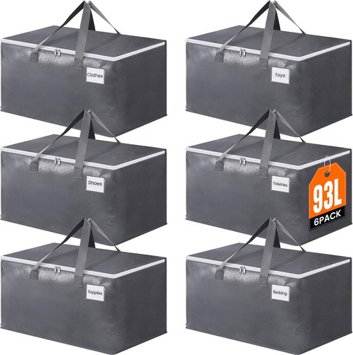 BlissTotes Large Moving Bags - Heavy Duty Storage Totes with Zippers & Handles | 93L, 6 Pack for Space Saving