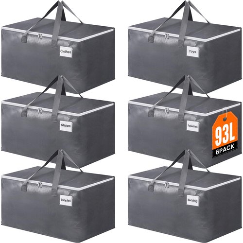 BlissTotes Large Moving Bags, Storage Bags with Zippers, Handles Moving Supplies with lids, Heavy Duty Totes for Storage Bags for Space Saving, Moving and Storing 93L, 6 Pack
