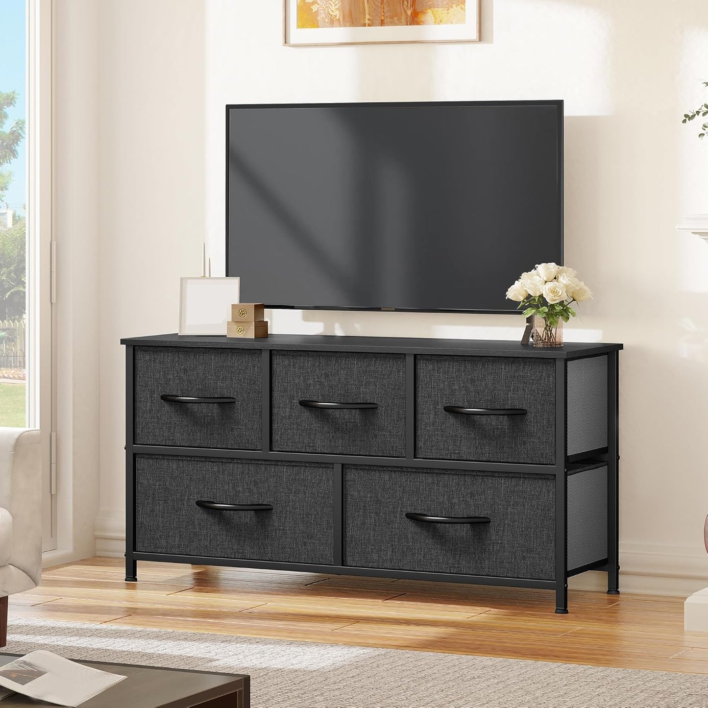 YITAHOME Wide Chest of Drawers, Dresser with 5 Drawers, Oak Greige Fabric Storage Tower, Dresser for Room with 5 Drawers, Living Room, Closets - Sturdy Steel Frame, Wooden Top