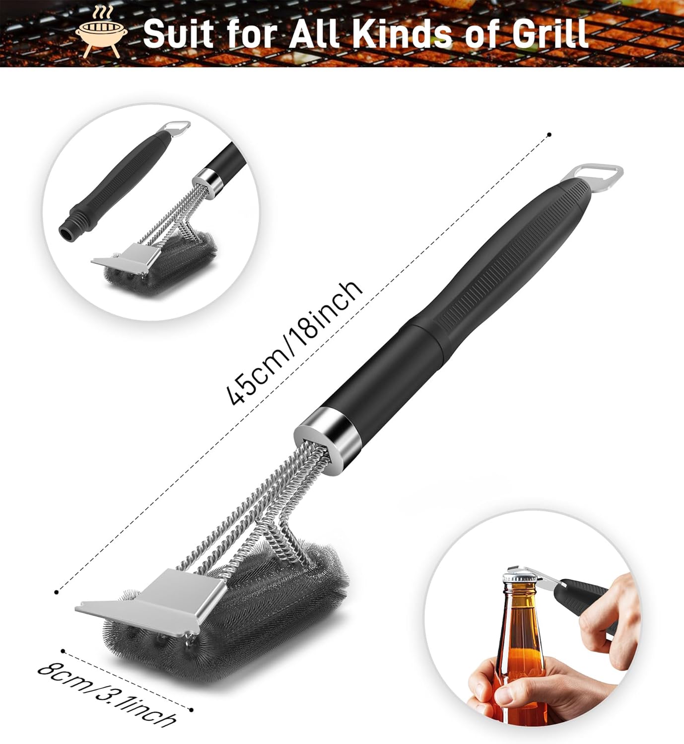 Skiennix Grill Brush and Scraper - 18" Adjustable Handle for Safe BBQ Cleaning | Extra Strong Tool for Gas & Charcoal Grates