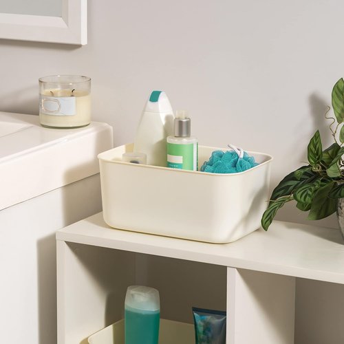 IRIS USA Storage Bins - 7 Qt. Stackable Plastic Baskets with Lids | Small 4-Pack in Off White