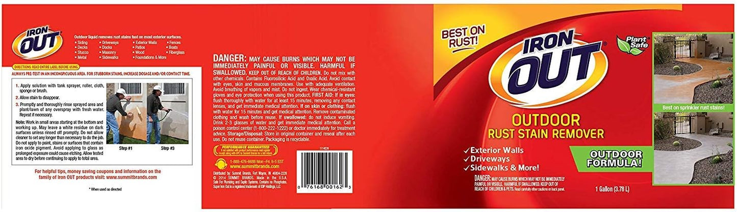Iron OUT Liquid Rust Stain Remover, Pre-mixed, Quickly Removes Rust Stains from Concrete, Vinyl and Other Outdoor Surfaces, No Scrubbing, Safe to Use, 1 Gallon, 4 Pack