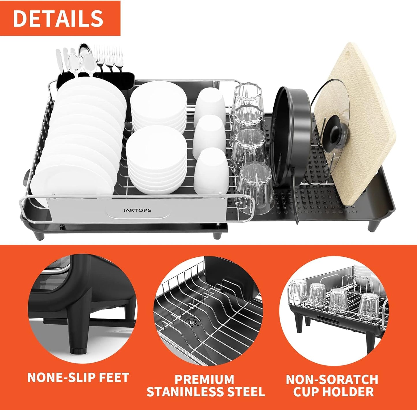 Skiennix Dish Drying Rack - Expandable Stainless Steel Strainer with Drainboard | Large Capacity, Glass & Utensil Holder