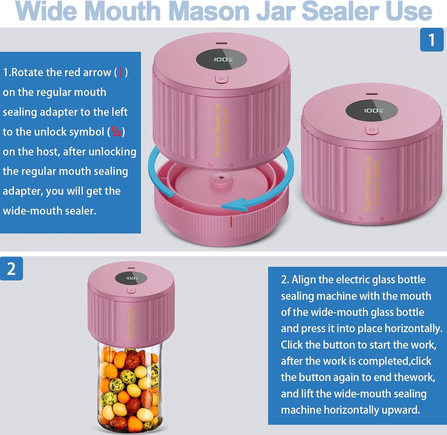 LOVE MOMENT Electric Mason Jar Vacuum Sealer Kit - Ideal for Wide & Regular Mouth Jars - Pink