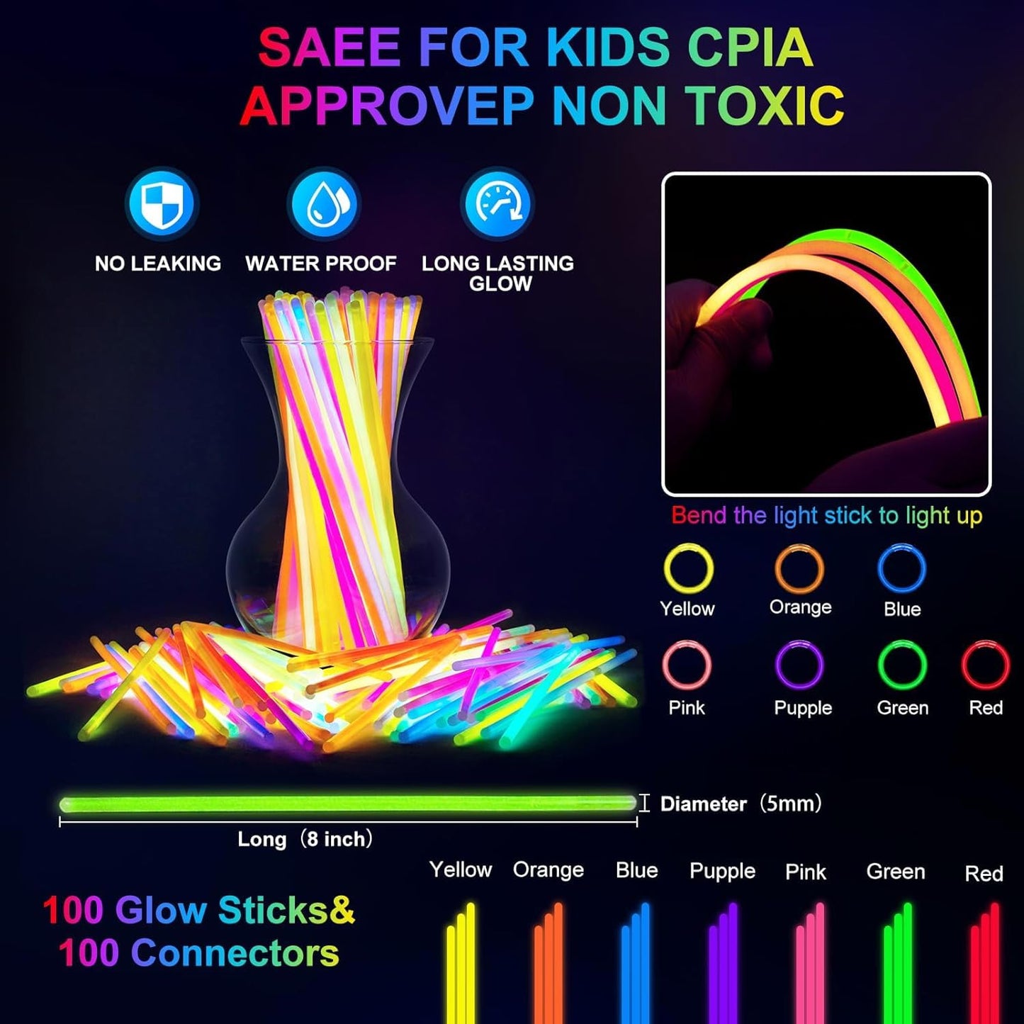 HONLYNE 100 Pack Glow Sticks Party Favors Bulk, 8" Glow in the Dark Party Supplies, Party Favors for Kids 8-12, Neon Glow Stick Bracelets & Necklaces for Raves, Halloween, Christmas, Birthdays