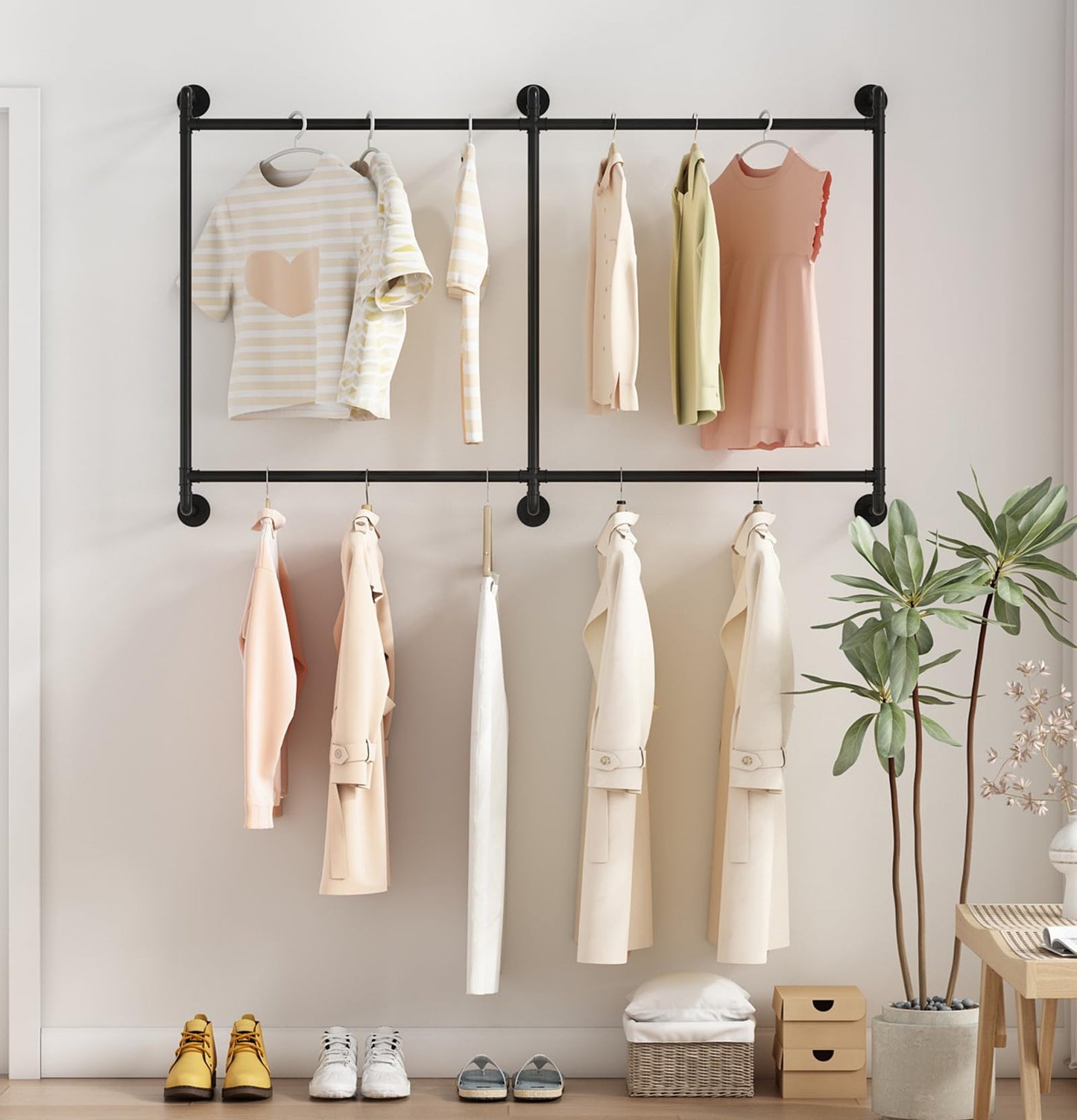 MaiRHK Industrial Pipe Clothing Rack Wall Mounted Clothes Rack Heavy Duty Closet Rod for Retail, Laundry Room, Bedroom (Black)-2 Tier Black