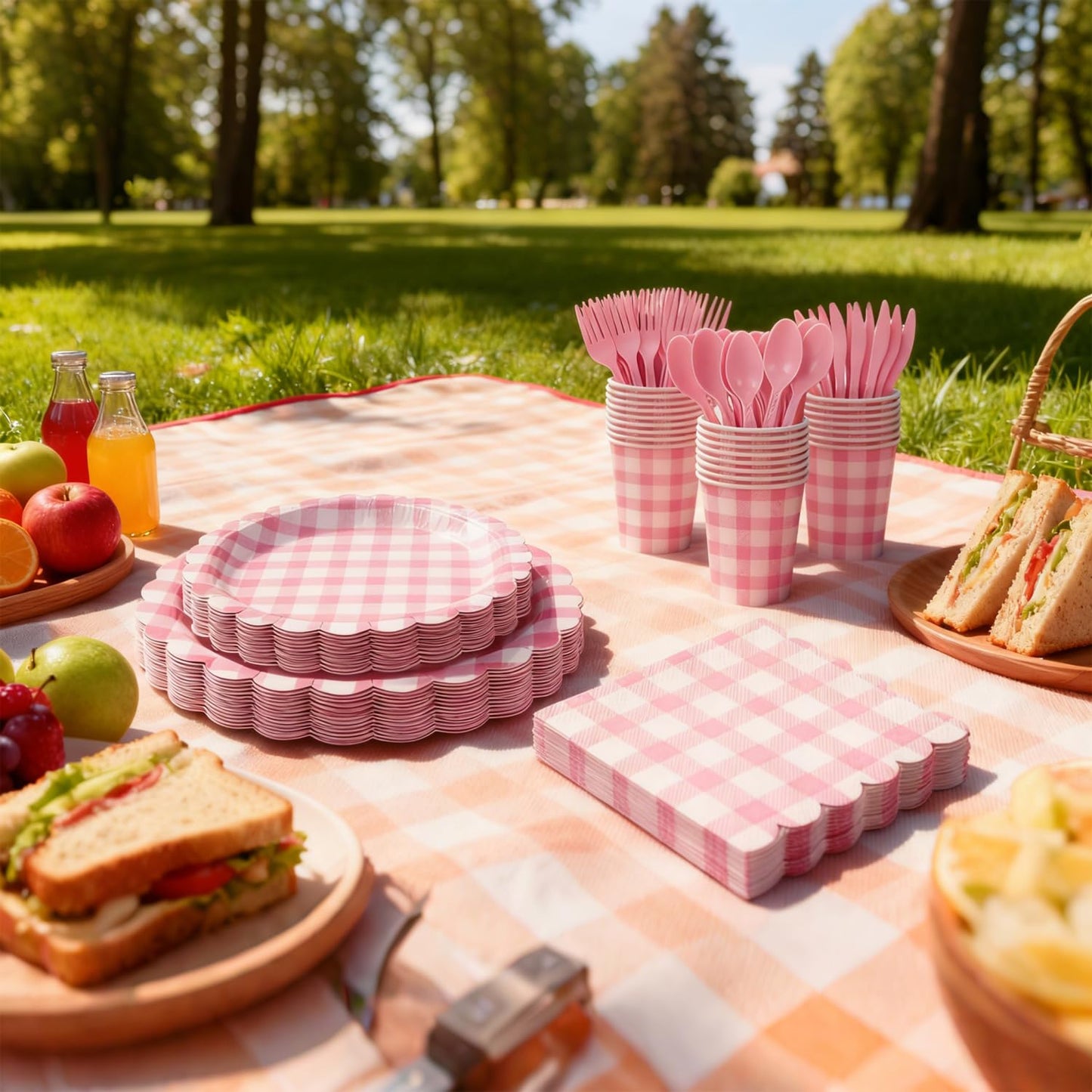 175 PCS Pink Gingham Party Supplies Includes Pink Gingham Paper Plates, Cups, Napkins, Cutlery for Baby & Bridal Shower, Wedding, Birthday Party, Outdoor Picnic, Serves 25
