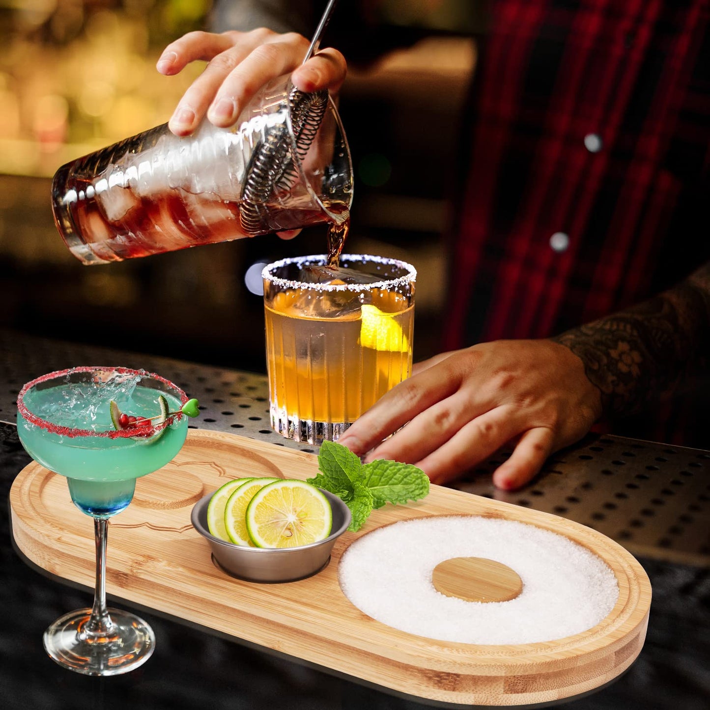 Margarita Salt Rimmer Set Salt Sugar Glass Rimmer for Cocktails Wood Salt Rimmer for Wide Glasses up to 6 Inches, Bartender Tool with Stainless Steel Spice Container for Lime/Spice Seasoning